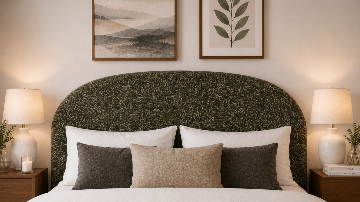 Millie upholstered headboard in dark textured fabric with a rounded, arched silhouette